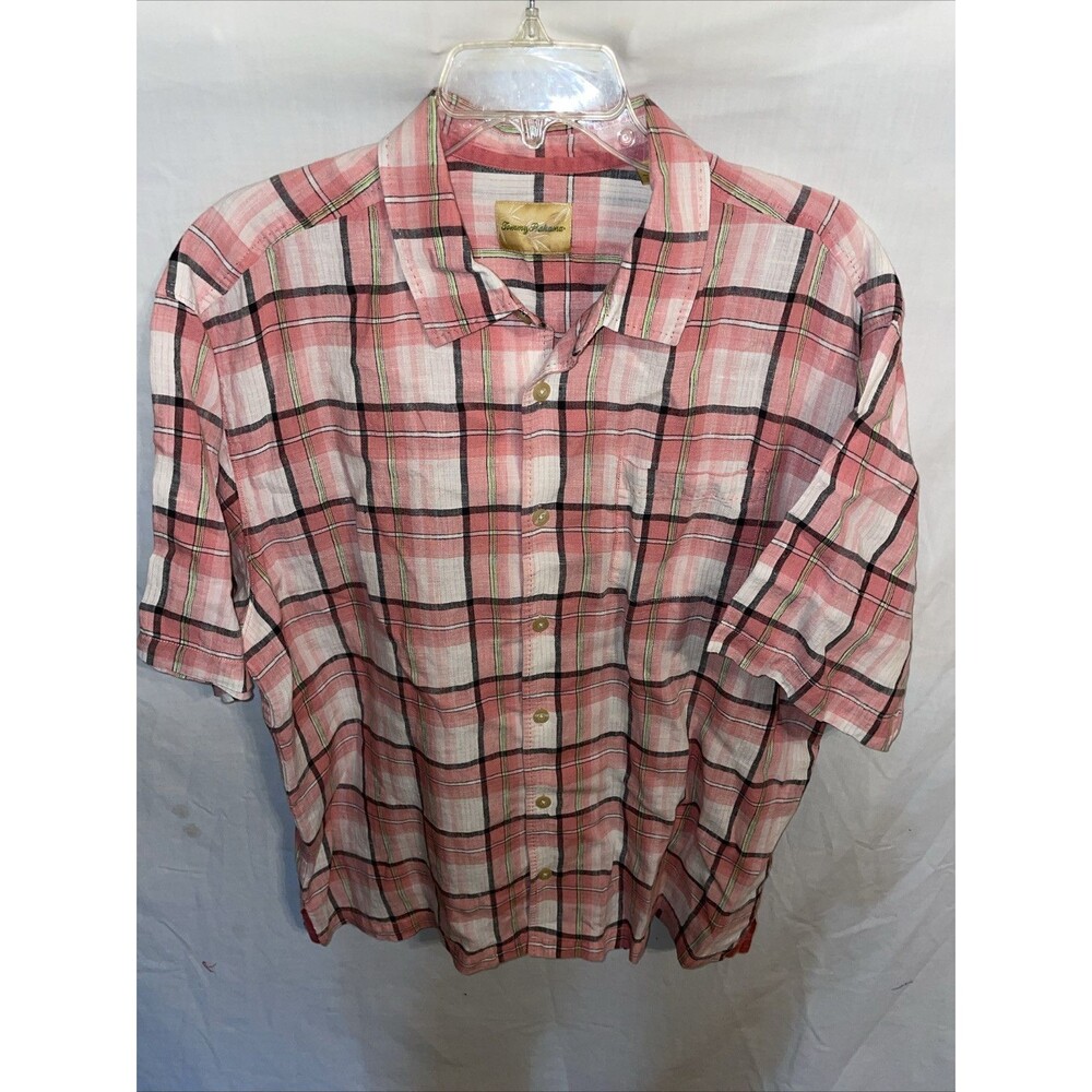 Tommy Bahama Men’s Casual Shirt Size XL Pink Plaid 100% Linen Beach Cruise